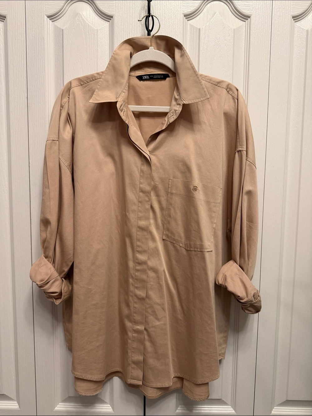 Zara Oversized Tan Beige Button Down Shirt Blouse Size XL
